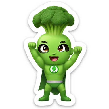 kawaii cute mini superhero with green clothes and a broccoli as hair,  full body saying hello sticker