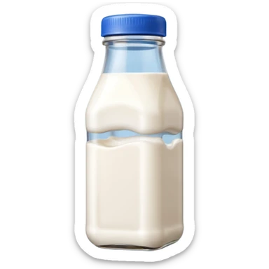 A 3D cartoon glass bottle of cow’s milk — white liquid, blue cap, clear reflections, Memoji-style rendering. sticker