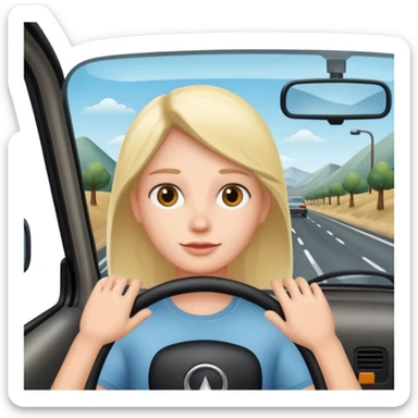 Crea un emoji con fondo transparente en PNG de una persona manejando un vehículo, que se vea desde el parabrisas frontal. sticker