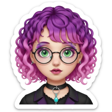 . Gothic girl with pink to violet ombré hair with pink on top, ringlet curly hair, bangs round glasses, septum piercing, nostril piercing, almond eyes, blueish green eyes,heavy eyeliner,  sticker