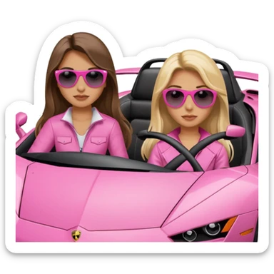 Add sunglasses Make car far away so I can see full car Car facing forward in sports car. Make hair long  two girls in car far away Front of car sitting in the seats. Make it a pink sports car. They are two baddies make it a Lamborghini pink car  sticker