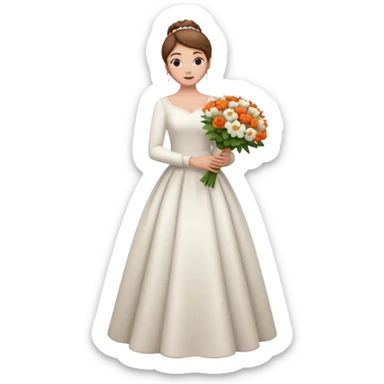 Chica blanca, cabello castaño, recogido en moño alto, vestido novia de manga larga, cuerpo entero, ramo de flores en una mano sticker