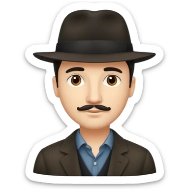 A light-skinned man with short dark hair, a thin mustache, and a black fedora, with an oval face and calm look. sticker
