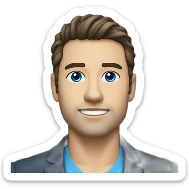 30 year old man, caucasian, black hair, blue eyes, blazer, t-shirt sticker