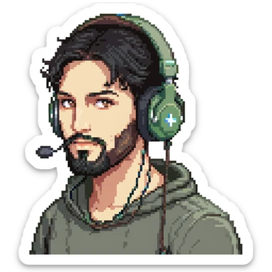 laughing man with black hair, brown eyes, black beard wearing gaming headset sticker