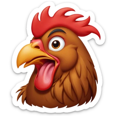 Cinematic Cute Yawning Brown Rooster Portrait Emoji, Head tilted slightly with a dramatic, wide-open yawn, showcasing a soft, downy brown plumage with a subtle red comb and drooping wings, round warm eyes barely open in drowsy contentment, Simplified yet irresistibly adorable features, highly detailed, glowing with a soft, cozy glow, high shine, relaxed yet expressive, stylized with a touch of whimsy, bright and endearing, soft glowing outline, capturing the essence of a sleepy yet affectionate rooster, so drowsy it feels like it could stretch out of the screen and curl up for a nap! sticker