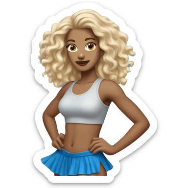 Dancer with Blue miniskirt and blue tank top with blond wavy long hair. Holding silver pin poms.  sticker