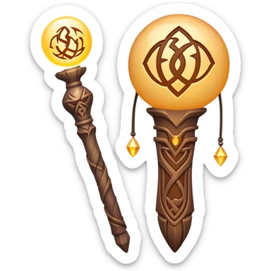 Clash of Clans aesthetic: Cinematic Playful Magic Staff Emoji, rendered in a 3D vector-style similar to standard emojis with minimal shading and bold, simplified shapes. A compact, isometric enchanted staff with intricate runic carvings and a glowing orb at its tip, softly glowing with a mystical arcane charm. Simplified yet unmistakably iconic, highly detailed and consistent, glowing with a soft radiant glow and high shine. Stylized with a touch of legendary sorcery and a soft glowing outline, capturing the essence of a powerful magic staff with a friendly, playful vibe! sticker