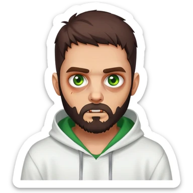 zombie making peace sign, undercut hairstyle with dark brown hair, short full beard, heterochromia with one green eye and one brown eye, wearing plain white hoodie sticker