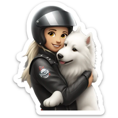 Biker girl with a agv helmet  hugging a Samoyed sticker
