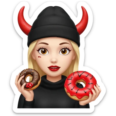 female devil wearing beanies holding donut sticker