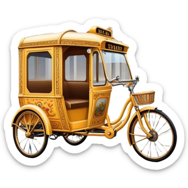 Cyclo rickshaw – Cinematic Realistic Cyclo Rickshaw, depicted as a charming, ornately painted three-wheeled cycle taxi with vintage detailing, set on bustling city streets under dynamic urban lighting that evokes cultural heritage and nostalgic charm. sticker