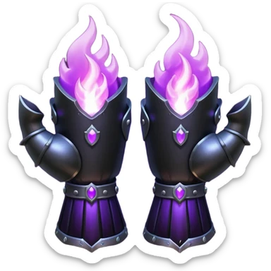 A Discord emoji of a pair of black armored gauntlets holding a flickering violet flame. The hands are positioned as if offering a gift. Dark gothic fantasy, glowing magical effects, high contrast, 2D vector style, white background. sticker
