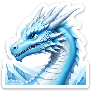 Cinematic Noble elegant Ice Dragon Portrait Emoji, Poised and imposing, distinct long elegant snout, with a slender, scaled body shimmering in glacial hues of icy blue, frostbitten silver, and crystalline white, breathing out frost, with piercing, glowing ice blue white eyes that radiate the chilling depths of an arctic storm; rendered in detail. Breathing out a frost mist sticker