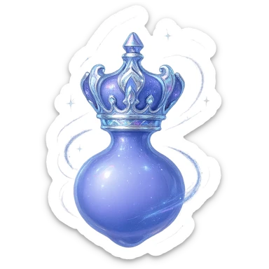 final ultra-luxurious extra small elixir bottle inspired by a crown: crown shape on top, color #7986cb, bottom merges seamlessly into a rounded, closed bottle (not flat or glass-like), the whole bottle looks like it's floating and swirling in the air, elegant silver and iridescent details, magical glowing and sparkling effects, very small neck, seamless rounded bottom, transparent background, no base or shadow, modern, luxury collection style, even smaller bottle proportions sticker