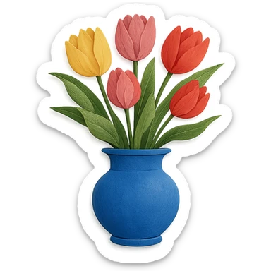 very detailed vase of tulips, intricate cut paper textures, vibrant colors, realistic petals and leaves sticker