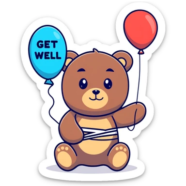 Cute teddy bear with a bandage holding a get well balloon sticker