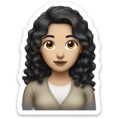 Woman with white skin, long black wavy hair, brown eyes, nice clothes sticker