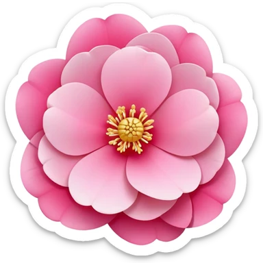 camellia flower, flat design, 5 layered pink petals with soft gradient, golden stamen in center, minimal outline, clean circular shape, pastel colors sticker