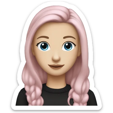 caucasian white IT girl student, holding pink laptop, blue eyes, dark brown hair ponytail wearing a thick black sweater sticker