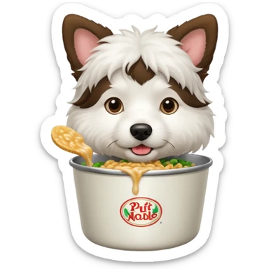 a brunette white wooly dog eating a pot noodle sticker
