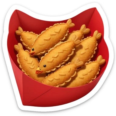 5 breaded chicken tenders of varying sizes and shapes in a red paper food boat sticker