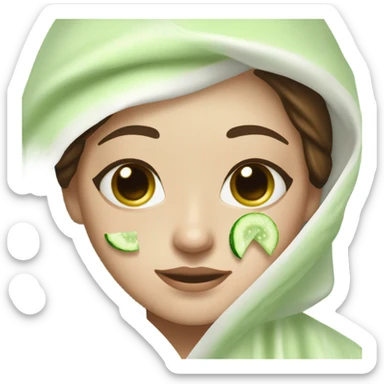 Girl with freackles Brown hair white skin and blue eyes wears Green colored texture skin care mask all over her face while She relaxes she puts on two mini round piece of cucumber on her closed eyes In a white Robe sticker