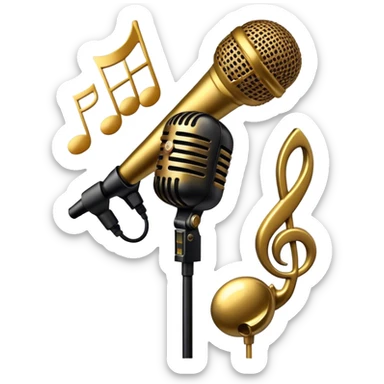 Create a sophisticated and smooth emoji representing jazz vocal performance. The design should feature a stylized microphone, with musical notes swirling around it to convey the fluid, improvisational nature of jazz. Add subtle elements like a vintage microphone stand or a hint of a singer’s silhouette in the background to reflect the live, intimate feel of jazz performance. Use deep, rich colors like gold, black, and burgundy to evoke the classic, smooth vibes of jazz. The background should be transparent. sticker
