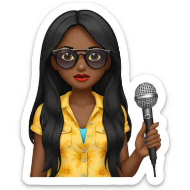 dark long haired woman with summer clothes and sun glasses holding microphone sticker