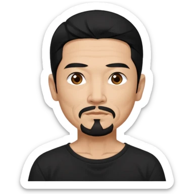 Older Spanish male. Asian eyes. Angular eyebrows. Chin strap goatee.
Untucked, loose fitting black t-shirt. 
long black hair.
Even More tattoos. 
Peaceful sticker