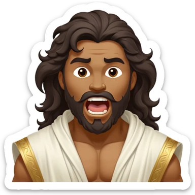 Cinematic Realistic Hercules Portrait, head tilted slightly with a dramatic, wide-open yawn, revealing a moment of relaxed, unguarded strength. His bronze, sculptural skin and thick, wavy dark hair retain their classical beauty even in repose. Draped in a gracefully flowing white robe with subtle golden details, the portrait is bathed in soft natural lighting, capturing a tender glimpse of vulnerability from a timeless Greek hero. sticker