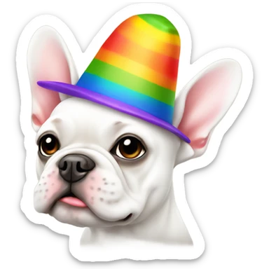 White Frenchie wearing a rainbow hat sticker