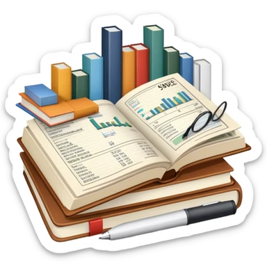 Icon for Business Reading: an open book with graphs, numbers, percentages, formulas, and text on the pages, next to a stack of books, a pile of dollars, a calculator and business magazines like Forbes. Transparent background. sticker