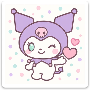 Kuromi character winking and presenting a heart, kawaii style, heart above hand sticker