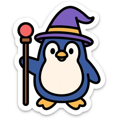 penguin wizard with a staff and wizard hat, color outline icon sticker