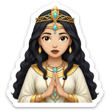 light skin woman, wavy black half long hair, looking like a high priestess sticker