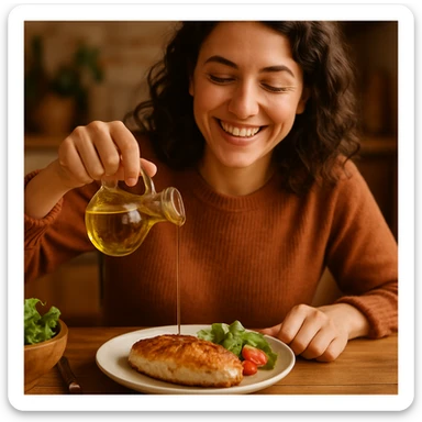 donna che usa olio d'oliva contenta nel suo piatto con petto di pollo sticker