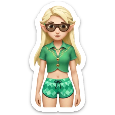 elf female legolas portrait, patterned board shorts (geometric/abstract), unique wooden-framed sunglasses, undercut hairstyle, slight smirk, visible pointy ears, no background, centered emoji, hipster summer vibe coctails  sticker
