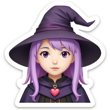 cute anime girl with lilac hair in a witch hat in love with hearts instead of eyes sticker