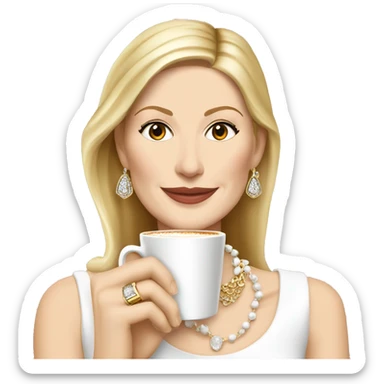 Kelly Rutherford with jewellery wearing white drinking cappucino sticker