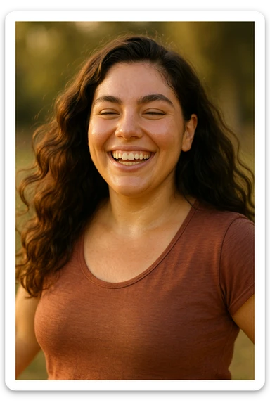 realistic portrait of a woman with PCOS who has improved health, happy and relaxed appearance, glowing skin, thick hair, energetic posture, signs of wellness and reduction of premenstrual cycle symptoms, realistic details, warm lighting, vertical 2:3, no text sticker