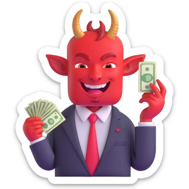 red devil with horns in business suit counting cash with greedy expression sticker