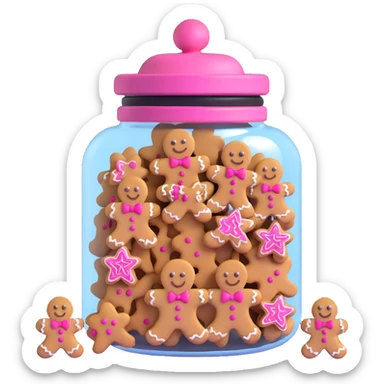 glass cookie jar, pink lid, gingerbread cookies, isolated sticker