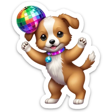 puppy dancing under a disco ball with colorful lights sticker