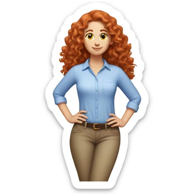 white girl with long red curly hair, wearing a pastel periwinkle shirt doing a pose sticker