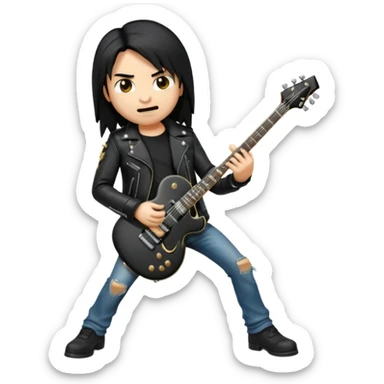 3D Apple-style emoji of a metal musician. Long hair, black leather jacket, ripped jeans, holding an electric guitar. Intense expression, glossy, rounded, smooth, soft shadows, white background.










 sticker
