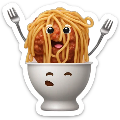 Spaghetti and meatballs with a face, arms and legs, doing something random sticker