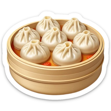Xiaolongbao soup dumplings with visible soup inside, Chinese dim sum, emoji style sticker