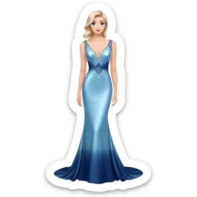 caucasian woman, in long slim pastel blue formal party satin dress with gradient shiny sparkling navy blue diamonds embroidered, full body full figure sticker