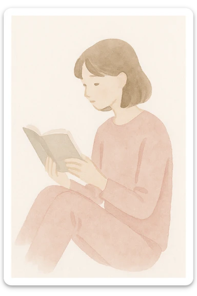 a girl in pink clothes reading a book, soft watercolor style, gentle brush strokes, pastel colors sticker